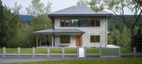 small modern house. The walls are white. Gray roof. There is a forest around the house.,a house is shown behind a fence in the wilderness,sketchup,3d rendering,inverted cottage,model house,wooden hous