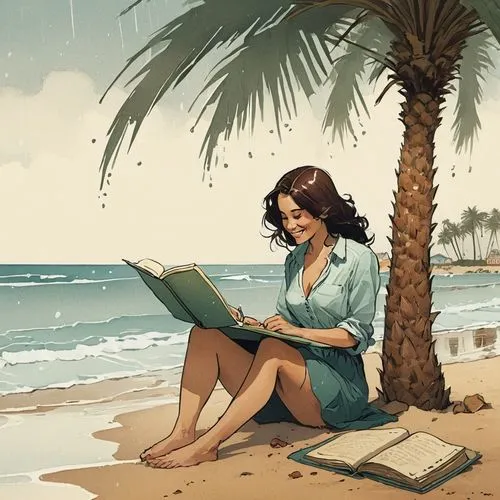 beach background,sci fiction illustration,tropico,girl studying,vettriano,satrapi,Illustration,Children,Children 04