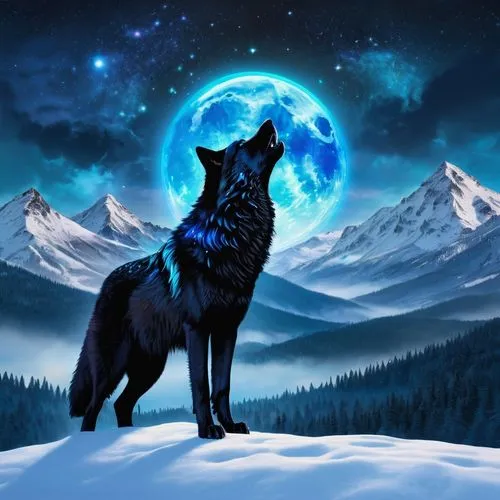 constellation wolf,blackwolf,howling wolf,black shepherd,howl,blue moon,Illustration,Realistic Fantasy,Realistic Fantasy 20