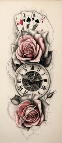 Superb illustration of two beautiful roses with a clock with its mechanism visible in the middle and 5 poker cards the J, Q, K, A all of spades deployed above the highest rose, a beautiful curve of li