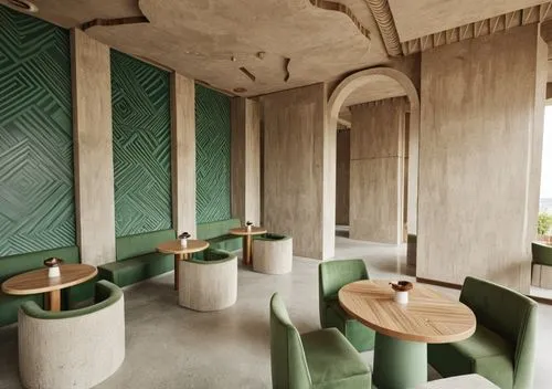 restaurant concept, modern style with Peruvian details, voluminous green ethnic patterns, beige concrete floor, coffee-colored and green chairs, minimalist tables with an simple octagonal pedestal bas