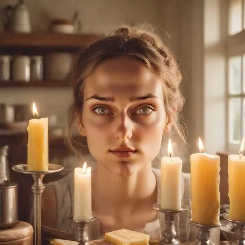 candlemaker,girl with bread-and-butter,candlelights,burning candle,lily-rose melody depp,burning candles,mystical portrait of a girl,girl in the kitchen,applying make-up,digital compositing,candles,natural cosmetic,apothecary,the girl's face,visual effect lighting,candle,divination,candlelight,jane austen,the magdalene,Photography,Analog