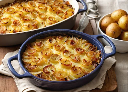 Transport yourself to the French countryside with this rustic potato gratin featuring caramelized onions.,potato casserole,macaroni casserole,potato gratin,pommes anna,macaroni and cheese,lyonnaise po