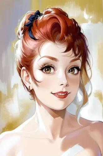 ostrich feather,the woman is wearing red hair with an ornate bow in her head,watercolor pin up,megara,overpainting,pin-up girl,retro pin up girl,maxon