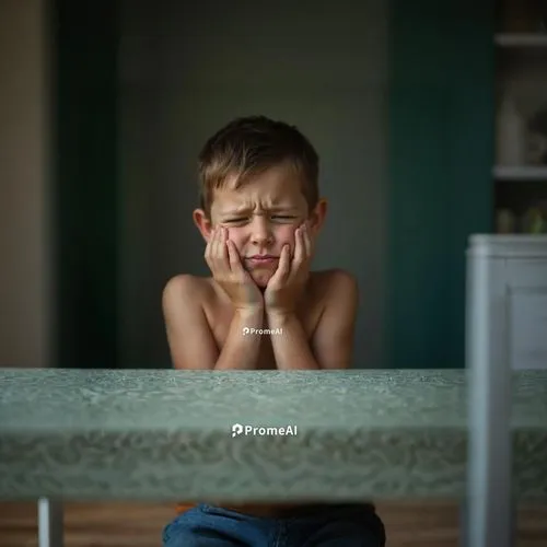 Young boy in a room at a table ,a  sitting at a table holding his hands to his face,boy praying,apraxia,discouragement,unhappiest,tantrum,despondent