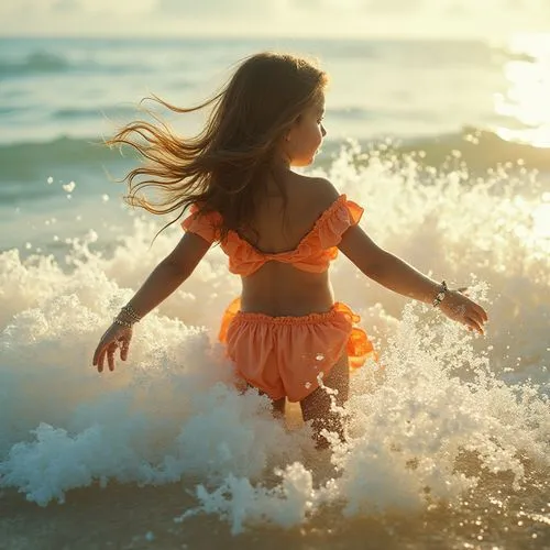 splash photography,little girl in wind,exhilaration,sea water splash,walk on the beach,splashing