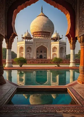 Mughal Empire-inspired, intricate ornaments, Arabic calligraphy, domed structures, minarets, arches, ornate columns, inlays of precious stones, marble floors, grand halls, luxurious carpets, regal thr