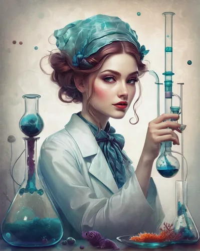 chemist,fish-surgeon,biologist,laboratory flask,scientist,reagents,apothecary,researcher,female doctor,microbiologist,pharmacist,laboratory,chemical laboratory,sci fiction illustration,lab,potions,erlenmeyer flask,alchemy,vials,science education,Illustration,Realistic Fantasy,Realistic Fantasy 15