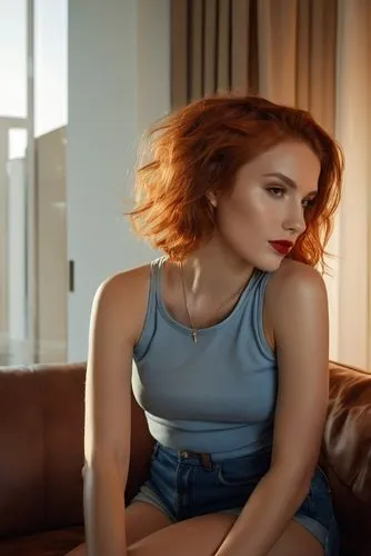 the portrait captures the majestic image of a beautiful caucasian girl, 23 years old, red hair, red lips, who now wears a blue top and mini jeans shorts sitting in a sofa in a modern living,a woman wi