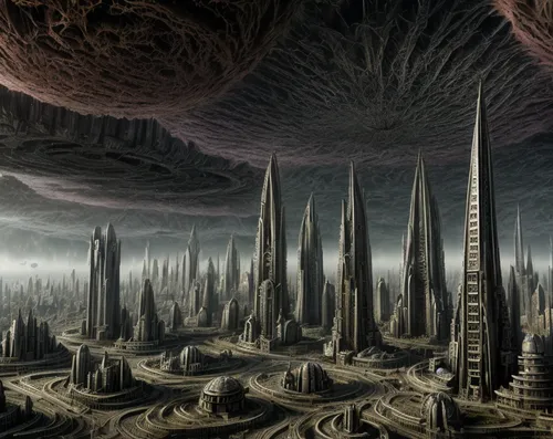 futuristic landscape,post-apocalyptic landscape,alien planet,alien world,mandelbulb,exoplanet,terraforming,destroyed city,sci fiction illustration,urbanization,sci fi,fantasy city,lunar landscape,city