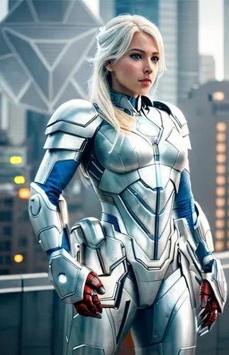 iron woman, beautiful, blond hair, silver and white, white, perfect, silver and white technological armor, with details of blue, cinema image, high quality, in a modern city, new york,,silver,nova,ste