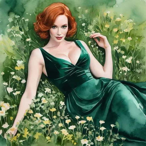 maureen o'hara - female,lilly of the valley,lily of the field,lily of the valley,in green,daffodils,lilies of the valley,poison ivy,green,green dress,emerald,flora,ginger rodgers,girl in the garden,butterfly green,art deco woman,rose woodruff,green summer,marguerite,holding flowers,Illustration,Paper based,Paper Based 25