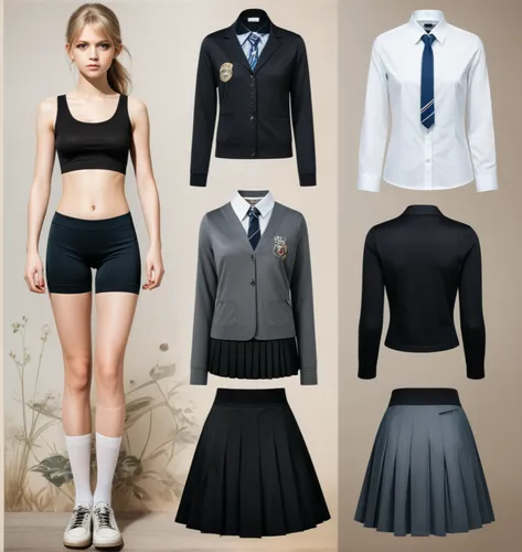 Paper doll British school girl in black sleeveless shirt ,black tight fit spandex shorts with black sock and shoe standing surrounded by with a set of british school uniform, shirt, grey pleated skirt