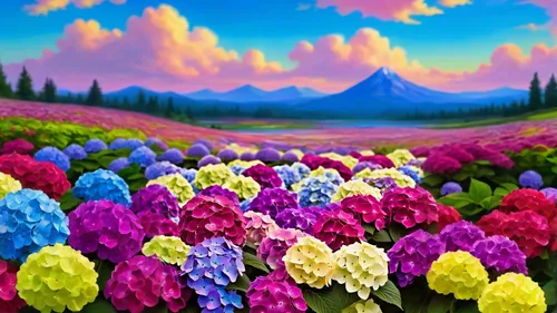 extend the background to a landscape of hortensia flower fields, with a blue sky above, colorful oil painting, lots of flowers, ultra-detailed painting in the style of Albert Ed Hardy and James Gurney