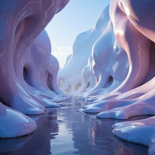 Organic blob-like structures, translucent glassy surfaces, iridescent colors, glossy reflections, undulating curves, soft luminous lighting, misty atmospheric effects, futuristic ambiance, surreal lan