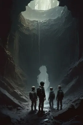 boys explore a strange dark place,three men stand on a narrow, snowy path into a cave,explorers,cavers,speleologists,guards of the canyon,caving,underdark,spelunkers,cavern,spelunking,caverns,cave tou