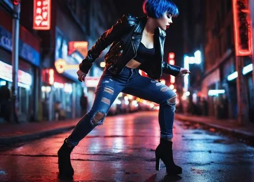 cyberpunk,neon lights,punk,gentiana,blue rain,midnight blue,neon light,femme fatale,punk design,blue hair,rei ayanami,streampunk,blue light,alleyway,birds of prey-night,cosplay image,2d,neo-burlesque,alley,electric blue,Illustration,Paper based,Paper Based 20