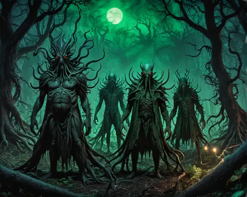 druids,halloween bare trees,druid grove,elven forest,the roots of trees,haunted forest,the three magi,paganism,tree crown,the trees,guards of the canyon,grove of trees,hanging elves,celtic tree,nightshade family,walpurgis night,creepy tree,the forests,forest workers,holy forest,Illustration,Realistic Fantasy,Realistic Fantasy 47