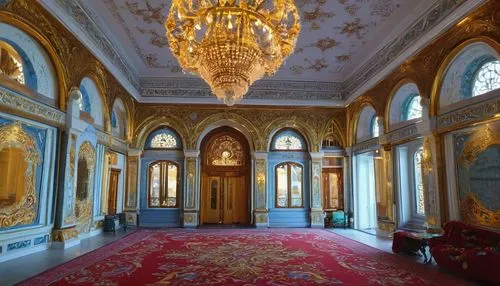 Grand, ornate Russian Revival building, onion domes, intricate stone carvings, richly decorated facade, majestic entrance with heavy doors, ornamental metalwork, vibrant colorful murals, golden accent