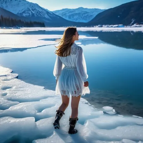 frozen lake,white winter dress,ice princess,glacial lake,frozen water,glacier water,ice floe,winter lake,winter background,ice queen,girl on the river,cryosphere,winter dress,alpine lake,ice floes,snowmelt,glaciated,icefjord,glaciations,unfrozen,Photography,General,Realistic