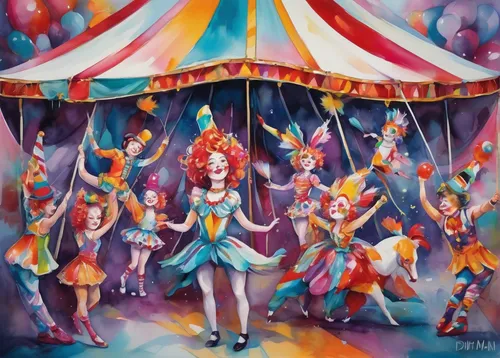 Paint a cheerful and whimsical vag in a lively circus tent with acrobats and clowns.,circus tent,carnival tent,circus show,circus,cirque du soleil,carousel,cirque,circus animal,gypsy tent,big top,circ