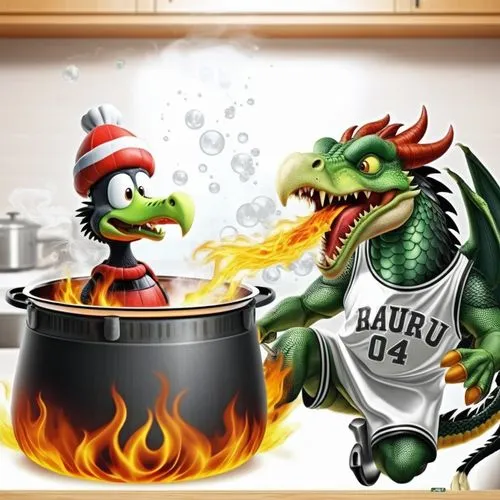 Um dragão cozinhando um urubu na panela de pressão,,an angry dragon and a badass basketball player cooking in a cauld,zalgiris,overcooking,cooking vegetables,overcook,baynes,bazemore,Photography,Gener