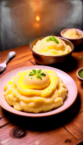 Mashed potatoes, creamy texture, golden yellow, smooth surface, rounded shape, single serving, ceramic bowl, white plate, rustic wood table, warm lighting, shallow depth of field, appetizing compositi