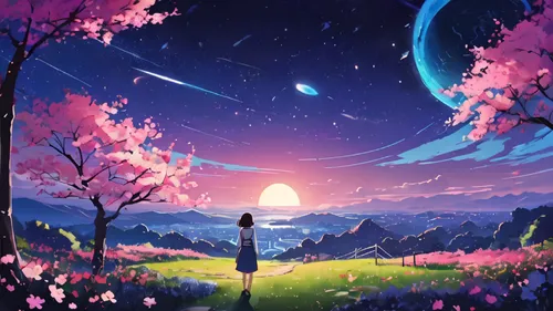 japanese sakura background,sakura background,moon and star background,landscape background,spring background,hanging moon,springtime background,blooming field,lantern,fantasy landscape,mushroom landscape,falling stars,would a background,dream world,lanterns,dusk background,music background,earth rise,art background,starlight,Illustration,Japanese style,Japanese Style 06