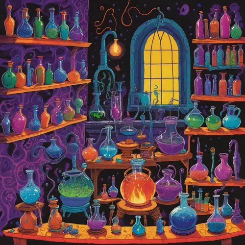 Set up a creepy laboratory with bubbling cauldrons and mysterious potion bottles.,potions,candy cauldron,candlemaker,perfume bottles,potion,islamic lamps,morocco lanterns,cauldron,apothecary,persian n