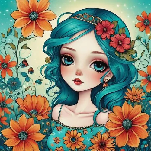 girl in flowers,floral background,flower background,beautiful girl with flowers,flower fairy,boho art style,mermaid background,colorful floral,floral poppy,flora,fairie,flower painting,retro flowers,cartoon flowers,flower girl,boho art,falling flowers,cartoon flower,sea of flowers,blue daisies,Illustration,Abstract Fantasy,Abstract Fantasy 10