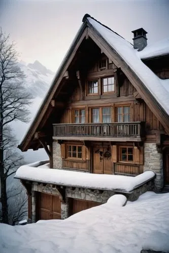 Chalet style architecture, wooden structure, stone foundation, steeply pitched roof, triangular pediment, dormer windows, rustic wooden door, iron door handles, snow-covered, mountainous region, Swiss