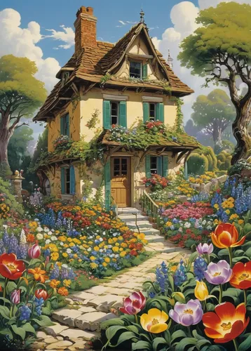 An abandoned house is brought back to life by a garden of enchanted flower buds.,cottage garden,home landscape,little house,country cottage,witch's house,studio ghibli,houses clipart,house painting,fl