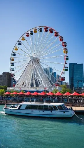 Navy Pier, Chicago, architecture tour, daytime, sunny, clear blue sky, Lake Michigan waterfront, Ferris wheel, modern buildings, glass facades, steel structures, pedestrian bridge, lake shore path, sa