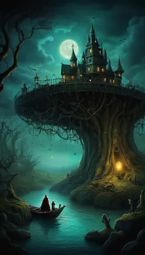 fantasy picture,fantasy landscape,fantasy art,witch's house,haunted castle,ghost castle,fairy tale castle,floating island,halloween background,mushroom island,mushroom landscape,magic castle,tree house,fantasy world,the haunted house,witch house,treehouse,house of the sea,myst,water castle,Illustration,Abstract Fantasy,Abstract Fantasy 01