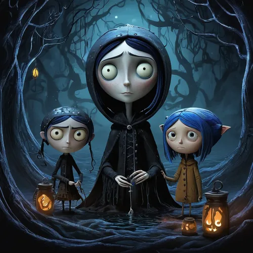 Imagine a climactic confrontation between Coraline and Other Mother, filled with magical elements and high stakes.,nightshade family,gothic portrait,halloween illustration,halloween poster,the nun,the