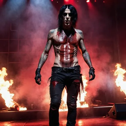 Ronnie Radke back torso on stage covered in blood,this is an image of a shirtless male on stage,lindemann,fortus,danzig,manson,gorgoroth,bators,Photography,General,Realistic