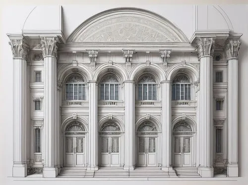 palladian,borromini,entablature,corinthian order,palladio,spandrel,neoclassical,pediments,marble palace,italianate,corinthian,sketchup,mansard,proscenium,3d rendering,driehaus,baroque building,europe palace,facade painting,revit,Illustration,Retro,Retro 17