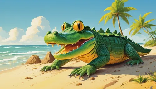 salt water crocodile,green iguana,iguana,little crocodile,crocodile,saltwater crocodile,iguanas,landmannahellir,philippines crocodile,iguanidae,beach background,giant lizard,island residents,little alligator,alligator,tropical animals,crocodilian reptile,coastlien,beach scenery,game illustration,Conceptual Art,Sci-Fi,Sci-Fi 08