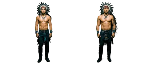 Native American, male, strong facial features, feathered headdress, long braids, muscular chest, tribal tattoos, leather loincloth, fringed boots, standing, proud posture, dramatic lighting, low-angle