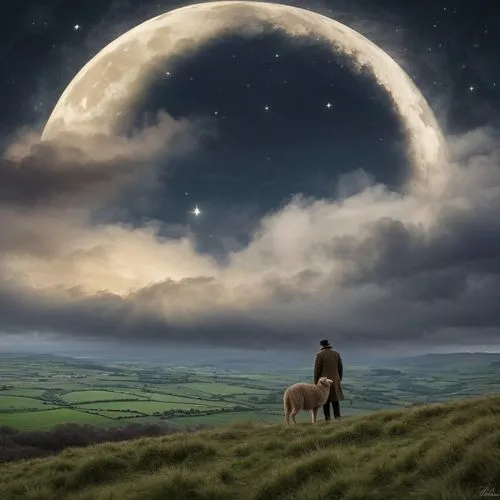 man and horses,moon and star background,moonlit night,fantasy picture,equine,moon and star,shepherd romance,moonlit,shepherds,the moon and the stars,shepherd,full moon,dream horse,moonbeam,hanging moon,big moon,white horse,black horse,moonrise,horseback