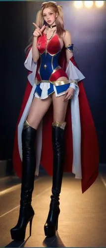 穿高跟靴，双腿直立，双腿不交叉,a woman wearing a costume standing on a stage,superheroine,super heroine,super woman,superheroines,imperatriz,superwoman