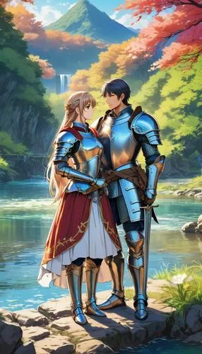 shepherd romance,knight festival,knights,lancers,protecting,holding hands,idyll,romantic scene,game illustration,hold hands,meteora,swords,archery,serenade,protectors,valentine banner,young couple,cg artwork,guards of the canyon,knight village,Illustration,Japanese style,Japanese Style 03