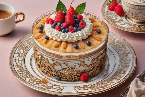 In a cozy cafe, describe a decadent dessert that evokes nostalgia.,teacup arrangement,cake stand,strawberries cake,petit gâteau,vintage tea cup,mixed fruit cake,liege waffle,stack cake,porcelain tea c