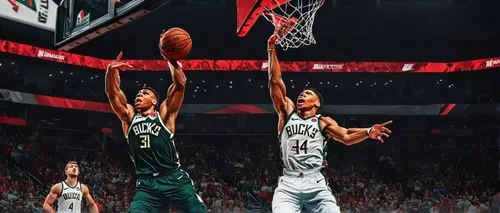 Giannis Antetokounmpo, basketball player, muscular build, determined facial expression, sweat dripping down face, white jersey with Milwaukee Bucks logo, red sleeves, black shorts, Nike shoes, basketb