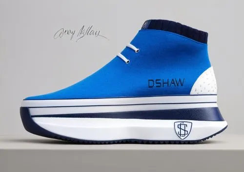 Light blue sock upper high top sneaker, navy accent color, DSHAW stitched logo, embossed shield DS logo on sole, pebbled leather heel cap, white sole with navy trim,Custom slip-on sneaker sock,sail bl