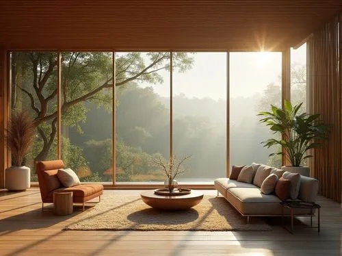 sunroom,morning light,living room,livingroom,home landscape,modern living room,sitting room,beautiful home,home interior,amanresorts,mid century house,bamboo curtain,interior modern design,wood window,mid century modern,morning sun,wooden windows,daylighting,modern decor,forest house,Photography,General,Realistic