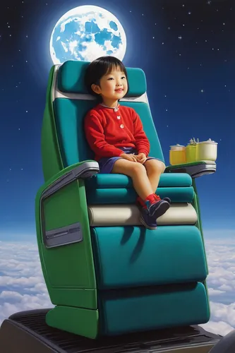 sleeper chair,massage chair,cinema seat,dream world,space tourism,self hypnosis,space capsule,recliner,sci fiction illustration,computational thinking,psychotherapy,sky space concept,child is sitting,virtual world,imagination,dreaming,world digital painting,cloud computing,astronomer,home cinema,Illustration,Realistic Fantasy,Realistic Fantasy 18