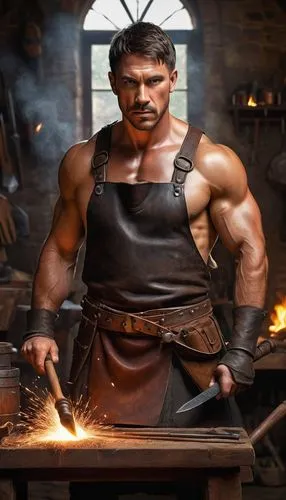 blacksmith,tinsmith,barbarian,wood shaper,dwarf cookin,iron-pour,metalsmith,a carpenter,woodworker,brick-making,meat cutter,dane axe,steelworker,smelting,splitting maul,hercules,forge,foundry,bricklayer,carpenter,Illustration,Abstract Fantasy,Abstract Fantasy 06