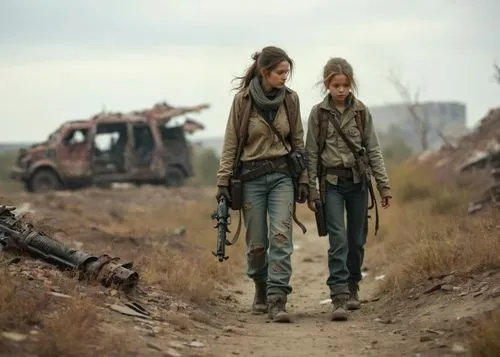 scavengers in a post-apocalyptic landscape wearing torn and grubby  clothing, carrying a firearm.,two girls walking on a dirt road in front of an abandoned vehicle,caryl,peletier,post apocalyptic,walk