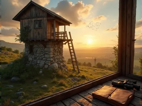 the cabin in the mountains,small cabin,lookout tower,little house,wooden hut,cryengine,house in the mountains,idyllic,house in mountains,enb,fire tower,croft,summer cottage,wooden house,watch tower,small house,mountain station,cabin,mountain hut,lonely house,Photography,General,Realistic